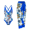 Two-piece royal blue floral swimsuit set with a matching long chiffon wrap skirt - S / Top And Bottom / Blue Floral