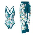 Women's floral swimsuit set with deep V neck one-piece and matching tropical wrap skirt - S / Top And Bottom / Green Floral
