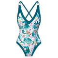 Floral one-piece swimsuit with tropical print, deep V-neck and metal ring details - S / Tops / Green Floral