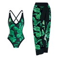 Two-piece black one-piece swimsuit and matching long tropical leaf print sarong set - S / Top And Bottom / Black & Green Tropical Leaf