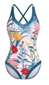Floral print one-piece swimsuit with cross-back straps and tropical flower pattern - S / Tops / Blue Green Floral