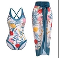 Floral print one-piece swimsuit with matching long chiffon sarong wrap in white - S / Top And Bottom / Blue Green Floral Swimsuit And Skirt