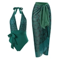 Dark green floral one-piece swimsuit with matching chiffon sarong wrap two-piece set - S / Top And Bottom / Green (Y121 Green Set)