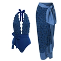 Bañador de una pieza azul marino con encaje floral y falda de playa larga cruzada a juego - S / Top Y Pantalón / Azul (Y121 Azul Set)
