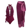 Burgundy floral lace one-piece swimsuit and matching chiffon wrap skirt beachwear set - S / Top And Bottom / Wine Red (Y121 Wine Red Set)
