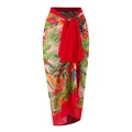 Tropical parrot and palm leaf wrap skirt with red waist tie for beach vacations - One Size / Bottoms / Red Bird