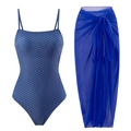 Blue one-piece swimsuit with geometric patterns and matching sheer sarong beach set - S / Top And Bottom / Blue and White Stripes (Y127 Blue Stripe Set)