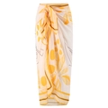 Beige sarong wrap with yellow citrus leaf print and geometric meander border detail - Y187 Yellow Dress / One Size