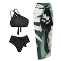 Three-piece black high waisted bikini set with green floral printed beach cover-up - Y305 Black Suit / S