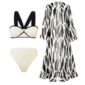 Three-piece bikini set with high-waist bottoms and black-white zebra print cover-up - Y349 White Suit / S