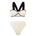 High-waisted colorblock bikini set with black and white spliced top and ivory bottoms - Y349 White / M