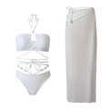 White three-piece high-waisted bikini set with pearls and long beach wrap skirt - S
