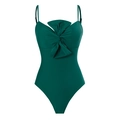 Deep green one-piece swimsuit with spaghetti straps and a large front bow detail - S
