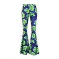 Pantaloni a zampa a vita alta color verde acqua con stampa a rose vivaci e grandi - Pantaloni Verdi Y232 / Taglia unica