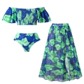 Dreiteiliges Blumen-Bademoden-Set mit blau-grünem Rosenmuster und langem Strandrock - Y234 Grün Outfit / Einheitsgröße