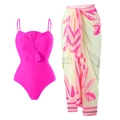 Rose red one-piece swimsuit with matching floral sarong and bow knot design - Y187 Rose Pink Set / S