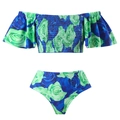 Zweiteiliger Blumen-Badeanzug mit gerafftem Off-Shoulder-Top und High-Waist-Shorts in Blau - Y234 Grün Badeanzug / Einheitsgröße