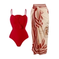 Elegant red one-piece swimsuit with knot detail and matching white printed beach sarong - Y187 Red Suit / S