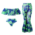 Dreiteiliges Blumen-Bademode-Set mit Off-Shoulder-Top und blaugrüner Rosen-Netzhose - Y234 Grün Hose Outfit / Einheitsgröße