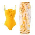 Yellow one-piece swimsuit with bow detail and matching leaf print sarong cover-up set - Y187 Yellow Suit / S