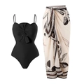 Two-piece black monokini with large bow and cream leaf print wrap skirt beach set - Y187 Black Suit / S