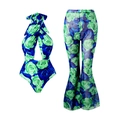 Zweiteiliges Blumen-Badeanzug-Set mit Neckholder-Body und transparenter Schlaghose - Y235 Grün Hose Outfit / Einheitsgröße