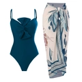 Dark teal one-piece swimsuit with front knot and Greek pattern print sarong cover-up - Y187 Peacock Blue Set / S