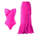 Vibrant neon pink two-piece swimwear set with a bow one-piece and a ruffled sarong skirt - Y209 Rose Pink Set / S