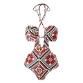 Halterneck-Monokini mit Cut-outs und lebhaftem böhmischem geometrischem Muster - S / Y236 Braun Badeanzug