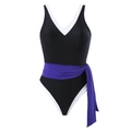 Chic black one-piece swimsuit with white trim and a purple bow belt in a classic retro style - Y178 Blue / S
