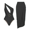 Elegant black one-shoulder swimsuit with waist buckle and high-waist sarong skirt - Y185 Black Suit / S