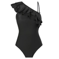Elegant black one-shoulder one-piece swimsuit with ruffled trim and adjustable strap - Y191 Black / S