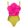 One-piece gold swimsuit featuring a large pink 3D flower and thin straps on white background - S / Top (Y328) / Green