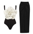 Slim fit black one-piece swimsuit with large white flower and chiffon maxi skirt set - S / Top And Bottom (Y328) / Black