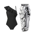 One-shoulder black swimsuit with ruffles and matching abstract wrap skirt set - Y191 Black Suit / S