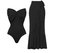 Elegant black two-piece swimwear with large bow bandeau top and ruffled wrap skirt - Y209 Black Suit / S