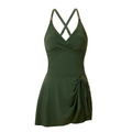 Deep green one-piece swimdress with V-neck cross-back straps and gold metal accents - Army Green (3105)