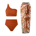 Three-piece caramel one-shoulder bikini with tropical leaf print sarong wrap cover-up - S / Brown One Shoulder Top Bottom And Sarong
