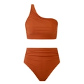 Caramel orange high waisted one shoulder bikini set with side ruching details - S / Brown One Shoulder Top And Bottom