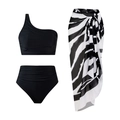 Three-piece black one-shoulder bikini set with zebra print cover-up sarong for women - S / Black Zebra Print Top Bottom And Sarong