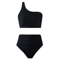 Chic black one-shoulder high-waisted bikini set with elegant ruched details on white background - S