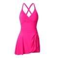 Fuchsia high-elasticity one-piece swimdress with V-neck and criss-cross back straps - Rose Pink (3105)