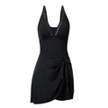 Black V-neck one-piece swimdress with mesh details and irregular skirted hemline - Black (3107)