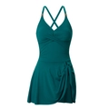 Deep green one-piece swimsuit featuring V-neck, golden metal rings and mesh skirt - Peacock Green (3105)