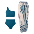 Three-piece bikini set with one-shoulder top, high-waist bottoms, and printed sarong - S / Teal Blue Greek Print Top Bottom And Sarong