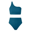 Dark teal one-shoulder bikini set with high-waisted ruched bottoms and pleated top - 1009 Peacock Blue Swimsuit / S