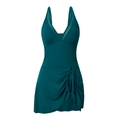 Dark green one-piece swimsuit with V-neck mesh panels and side-tie skirt design - Peacock Green (3107)