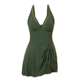 Women's deep V-neck mesh swimsuit in dark green with flattering pleated waist design - Army Green (3107)