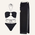 Three-piece black high-waist bikini set with pearl details and a matching long sarong skirt - 1004 Black Suit / S