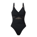 Elegant black one-piece swimsuit with V-neck, mesh panels, and chic gold buckle details - Black (3104)
